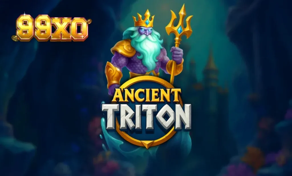 Ancient Triton স্লট গেমের একটি দৃশ্য যেখানে সমুদ্রের দেবতা ট্রাইটন এবং পানির নিচের প্রাসাদ দেখা যাচ্ছে।