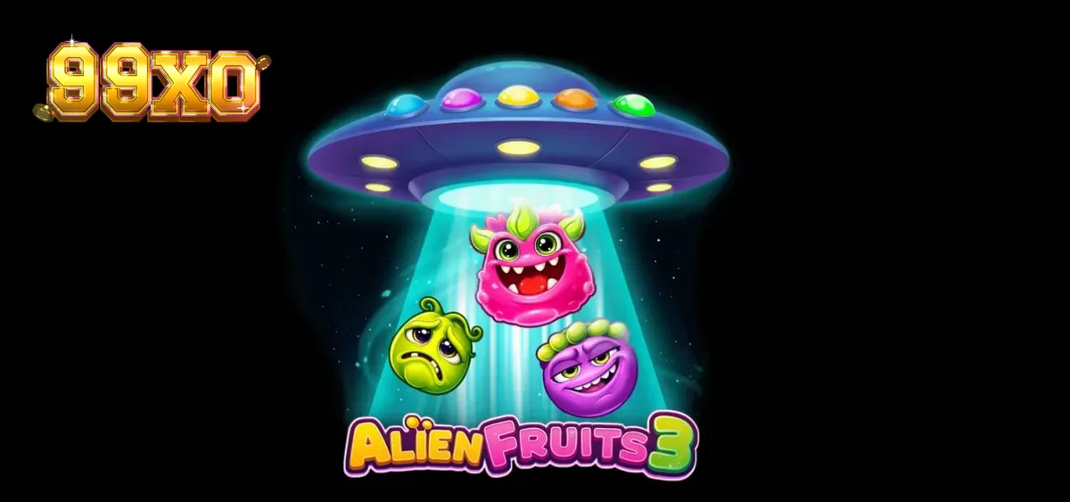 Alien Fruits 3 slot game interface with neon fruits and space background